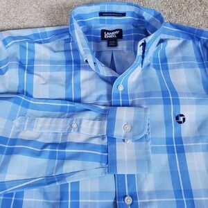 Lands' End Men's Shirt Size 15 33 Button  Down Blue Plaid Long Sleeve